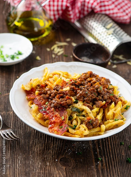 Obraz  Spaetzle with lentils and bacon