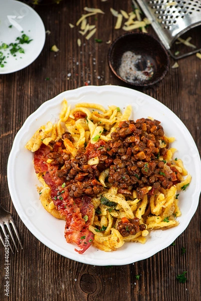 Obraz Spaetzle with lentils and bacon