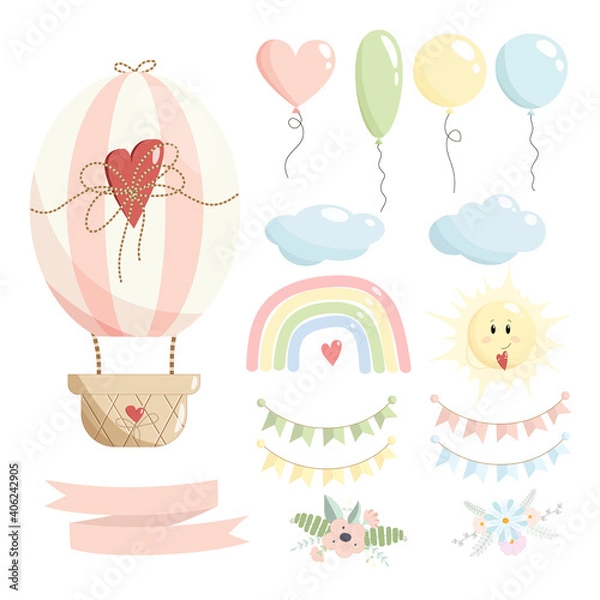 Obraz Cute set with pink hot air balloon, clouds, rainbow, paper flags, flower compositions, sun and ribbon without text - isolated on white background Vector Illustration for baby girl in pastel color. 