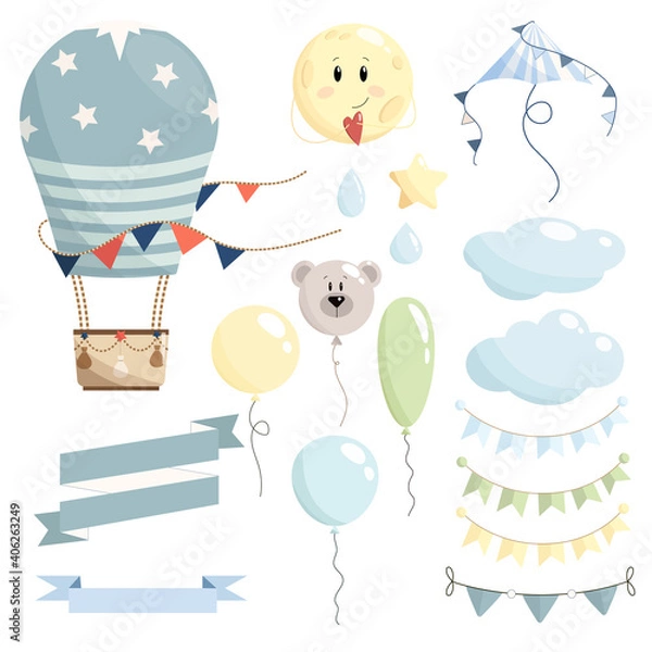 Obraz  Blue kid set of Hot Air balloon, kite, moon, clouds, balloons, bear, star, drops, ribbons and paper flags. Vector illustration.