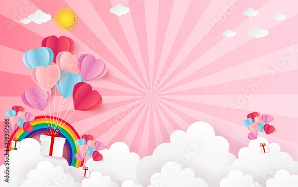 Obraz Abstract flying red and white hearts on red background. Valentines day concept