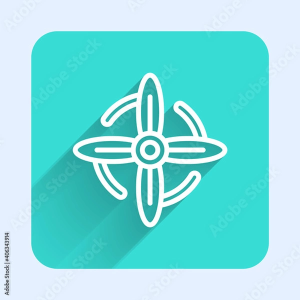 Fototapeta White line Wind turbine icon isolated with long shadow. Wind generator sign. Windmill for electric power production. Green square button. Vector.