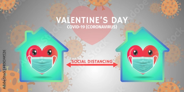 Fototapeta Heart in protective mask, Staying at home, New normal, Social Distancing Keep Your Distance, Valentines day concept and Covid-19.