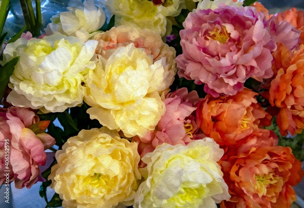 Fototapeta Ramo de flores de distintas tonalidades con aplicación de filtro al óleo para simular un cuadro pintado.