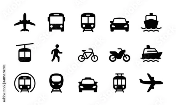 Fototapeta Zestaw ikon związanych z transportem publicznym. Minimalna płaska graficzna symbol transportu.