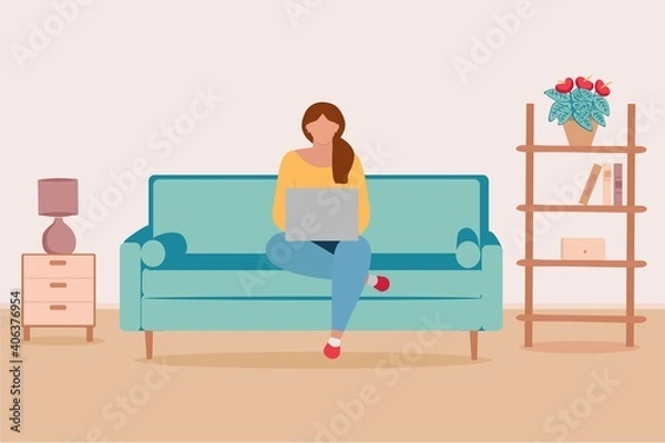 Fototapeta a girl with a laptop is sitting on the couch. Freelancing, or studying the concept. Cute illustration in flat style