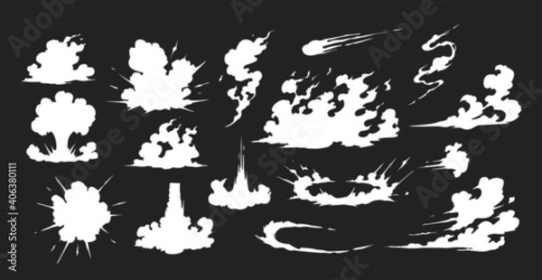 Fototapeta Smoke illustration set  for special effects template. Explosion, bomb,  steam clouds, mist, fume, fog, dust, dash,or  vapor  2D VFX Clipart element for animation
