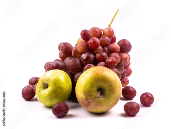Fototapeta Bunch of grapes and apples on white background