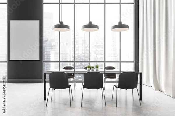 Fototapeta Mockup frame in dining room with black furniture and white curtains near window