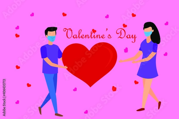 Fototapeta Vector illustration of valentine's day in covid with couple wearing masks and maintaining social distance