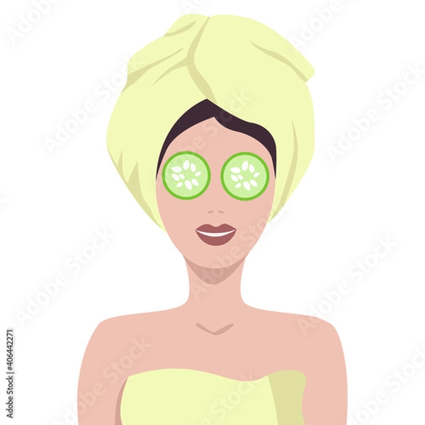 Fototapeta Girl with a towel on her head with cucumbers in her eyes