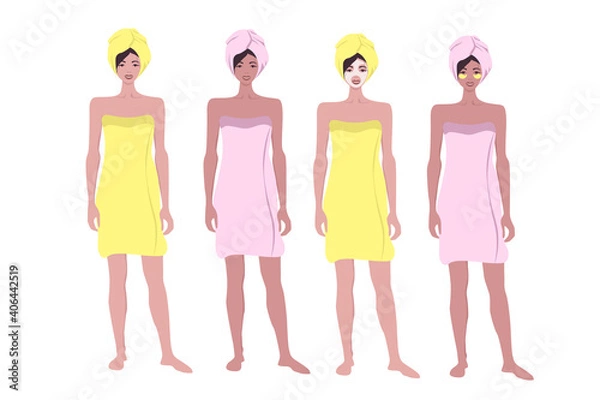Fototapeta Set of girls after a shower in a towel