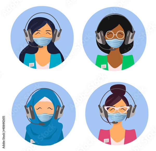 Fototapeta A set of characters of call center operators in medical masks