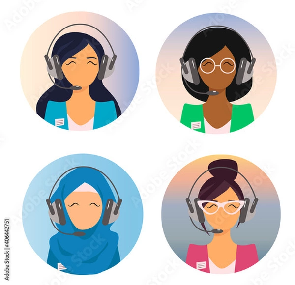 Fototapeta trader, telemarketing, online, callback, multiracial, businesswoman, microphone, flat, helpline, agent, consultant, secretary, web, characters, lawyer, avatars, set, cartoon, work, personal, technolog
