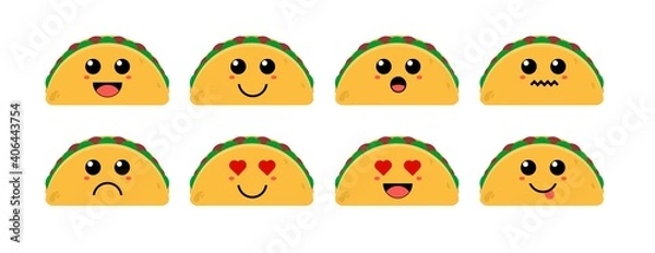 Obraz Set of cute cartoon colorful taco with different emotions. Funny emotions character collection for kids. Fantasy characters. Vector illustrations, cartoon flat style