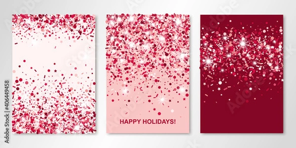 Fototapeta Set of three banners with red glitter confetti. Vector flyer design templates for wedding, invitation cards, save the date, business brochure design, certificates. All layered and isolated