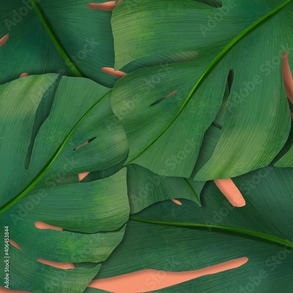 Obraz Illustration botanical, Monstera leaf on orange for background