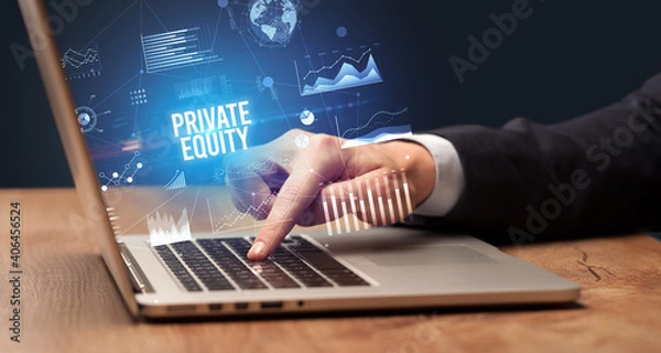 Fototapeta Businessman working on laptop with PRIVATE EQUITY inscription, new business concept
