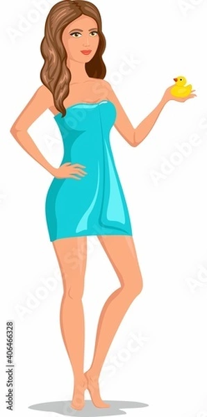 Fototapeta A girl in a towel with a bath duckling for bathing in her hand.