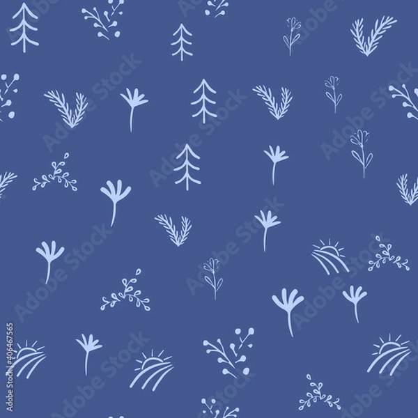 Fototapeta Abstract floral seamless pattern, hand drawn plant elements with leafs, vector blue background. Doodle texture. Vecotr illustration for fabric, textile, wrapping