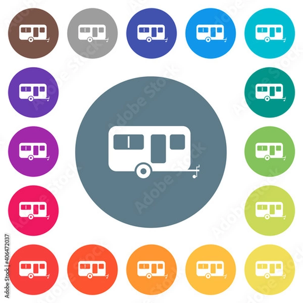 Fototapeta Caravan trailer flat white icons on round color backgrounds