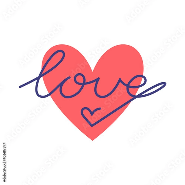 Fototapeta Vector illustration of red heart and hand drawn lettering "love". Line art. For web, stickers, greeting card and another print design