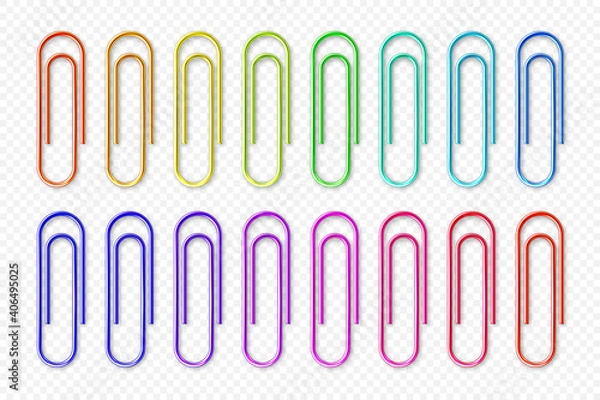 Fototapeta Realistic colorful metal paper clips on checkered background. Page holder, binder. Vector illustration.