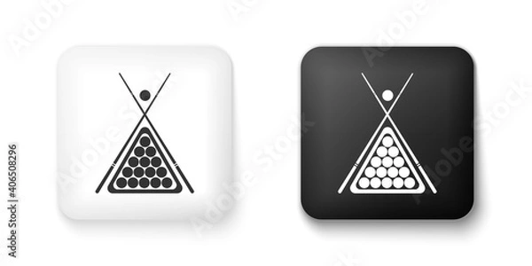 Obraz Black and white Billiard cue and balls in a rack triangle icon isolated on white background. Square button. Vector.