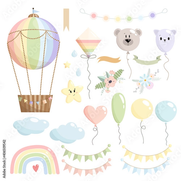 Obraz Rainbow vector set of hot air balloon, stars, garland, ribbon without text, clouds, balloons, kite, bear, rainbow, drops, paper flags, and flower compositions on white background. Kids illustration. 