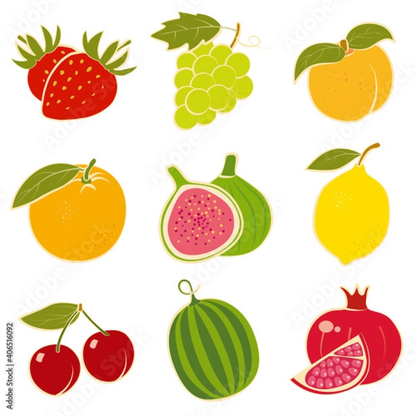 Fototapeta Fruit collection, flat drawing, set of colorful fruit icons. Vector illustration, Mediterranean fruit