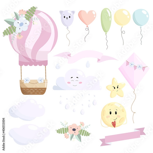 Obraz Adorable kid set of vector illustration: hot air balloon with clouds, balloons, moon, star, kite, flower composition and ribbon and raindrops.