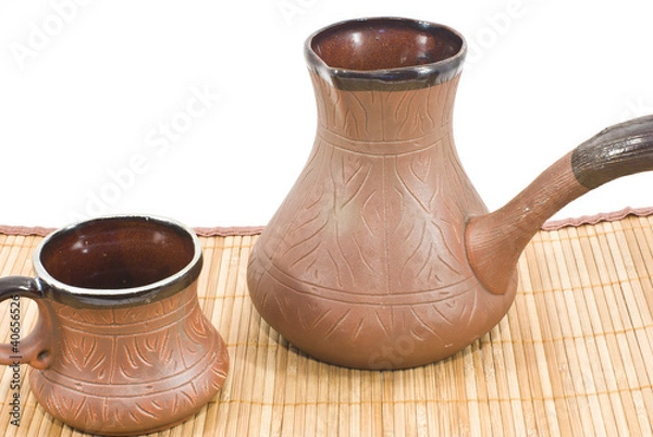 Obraz brown ceramic coffee cup  and ceramic coffee maker