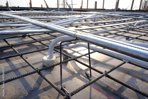 Obraz Post tension/Reinforced concrete slab with electrical pipe on it, ready for concrete 