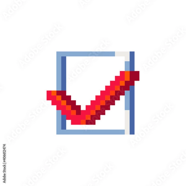 Fototapeta Check mark, pixel art flat icon., cartoon style, isolated vector illustration. Design for stickers, logo, web and mobile app.