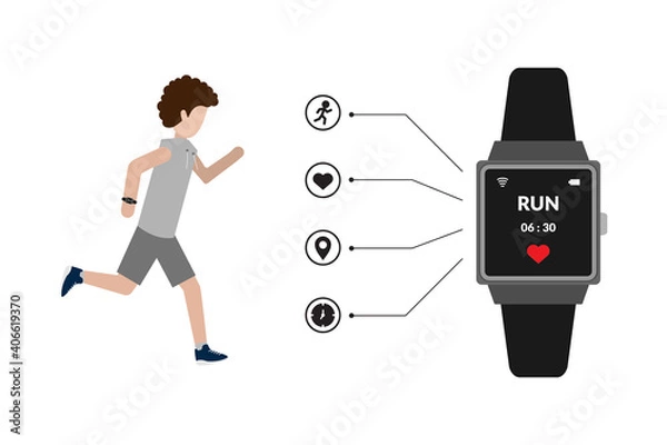 Fototapeta Wearable technology smart watch with man running vector illustration