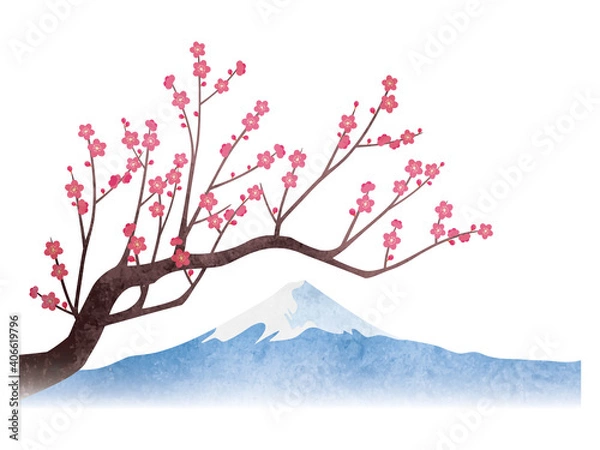 Fototapeta 水彩風 紅梅と富士山のセット