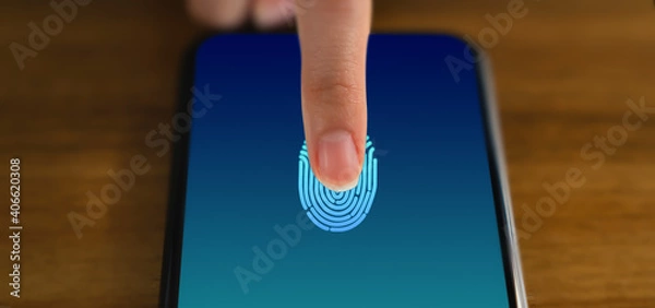 Fototapeta Hands touching smartphone and show the fingerprint scanner screen to access online.