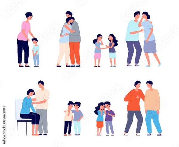 Fototapeta Family consoled. Cartoon supportive friend, grief or depression comforted. Husband support wife, mother hugging sad kid utter vector concept. Hugging family, mental depression support illustration