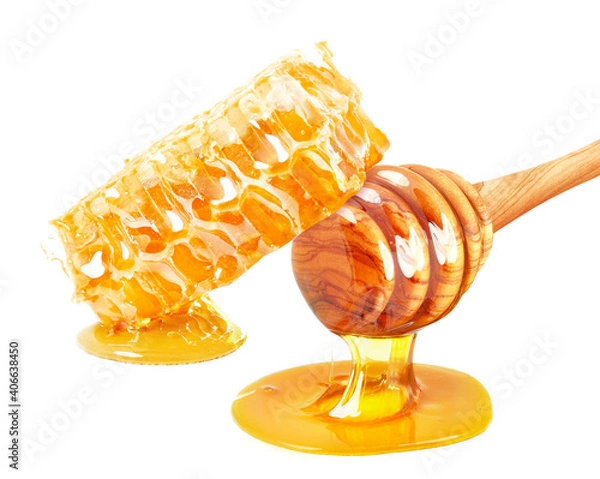 Fototapeta Honey dripping and honeycomb isolated