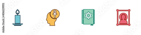 Fototapeta Set Burning candle, Cross ankh, Jewish torah book and Christian icon icon. Vector.