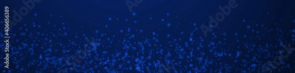 Obraz Magic stars Christmas background. Subtle flying snow flakes and stars on dark blue background. Breathtaking winter silver snowflake overlay template. Dazzling panoramic illustration.