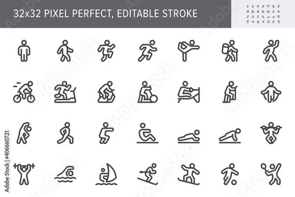 Fototapeta Sport people flat icons. Vector illustration with minimal icon - exercise, yoga, active man, treadmill, fitness, aerobic, snowboard, treadmill, simple pictogram. 32x32 Pixel Perfect