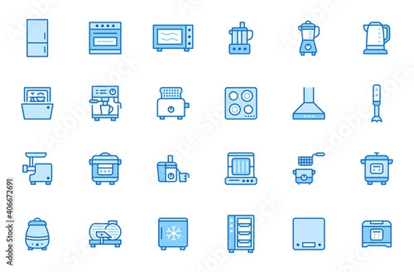 Fototapeta Kitchen appliance line icon set. Oven, mixer, dishwasher, food processor, combi steamer minimal vector illustrations. Simple outline signs of cooking equipment. Blue color, Editable Stroke