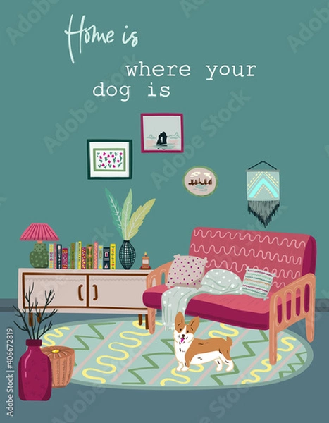 Obraz Stay at home. Set of stylish scandinavian apartment design elements for self-isolation during quarantine and other use. Cozy furnished living room, Flat vector cartoon illustration