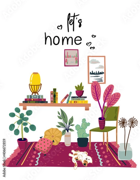 Obraz Stay at home. Set of stylish scandinavian apartment design elements for self-isolation during quarantine and other use. Cozy furnished living room, Flat vector cartoon illustration