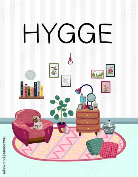 Obraz Stay at home. Set of stylish scandinavian apartment design elements for self-isolation during quarantine and other use. Cozy furnished living room, Flat vector cartoon illustration