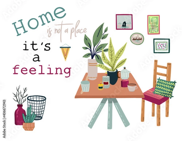 Obraz Stay at home. Set of stylish scandinavian apartment design elements for self-isolation during quarantine and other use. Cozy furnished living room, Flat vector cartoon illustration