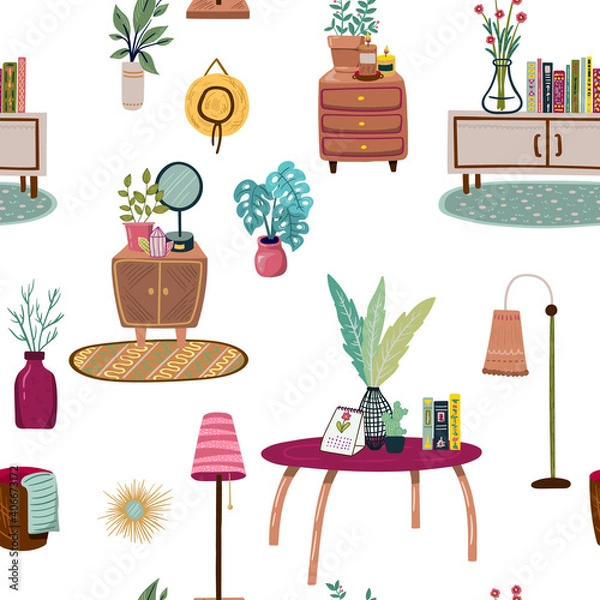 Obraz Stay at home. Set of stylish scandinavian apartment design elements for self-isolation during quarantine and other use. Cozy furnished living room, Flat vector cartoon illustration. Seamless pattern