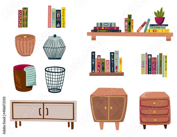 Obraz Stay at home. Set of stylish scandinavian apartment design elements for self-isolation during quarantine and other use. Cozy furnished living room, Flat vector cartoon illustration
