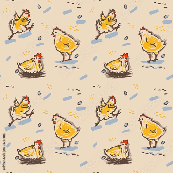 Fototapeta Seamless pattern of cute cartoon funny chickens. Farm chickens and eggs. Vector illustration collection design.